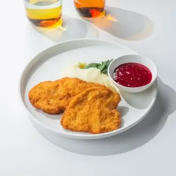 Куриный шницель с брусничным соусом и картофельным пюре